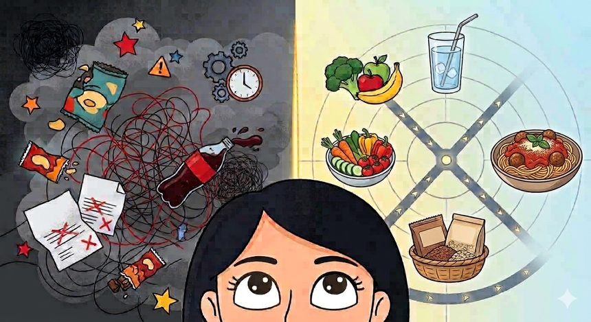 A child thinking, with everyday snacks on one side and fresh food on the other